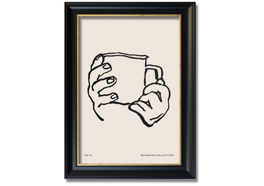 A beautifully framed print titled 'Cup In Hands', showcasing a unique artistic design, available in various frame colors.