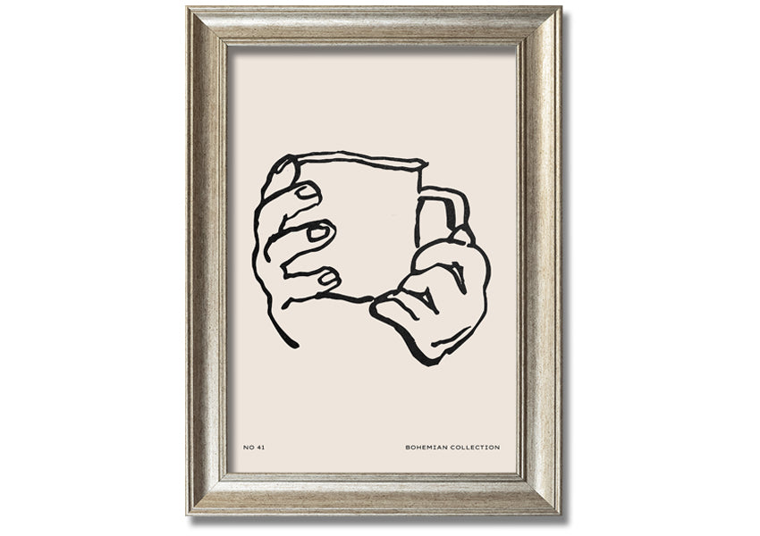 A beautifully framed print titled 'Cup In Hands', showcasing a unique artistic design, available in various frame colors.