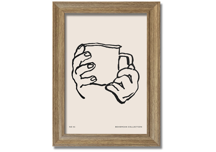 A beautifully framed print titled 'Cup In Hands', showcasing a unique artistic design, available in various frame colors.