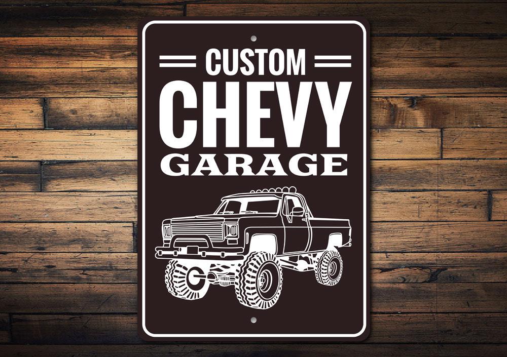 Custom Chevy Garage Sign made of durable aluminum, featuring personalized text options, ideal for car enthusiasts and garage decor.