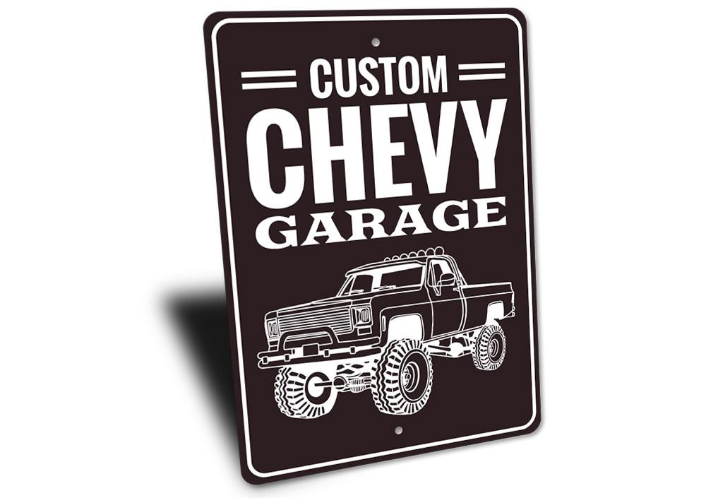 Custom Chevy Garage Sign made of durable aluminum, featuring personalized text options, ideal for car enthusiasts and garage decor.