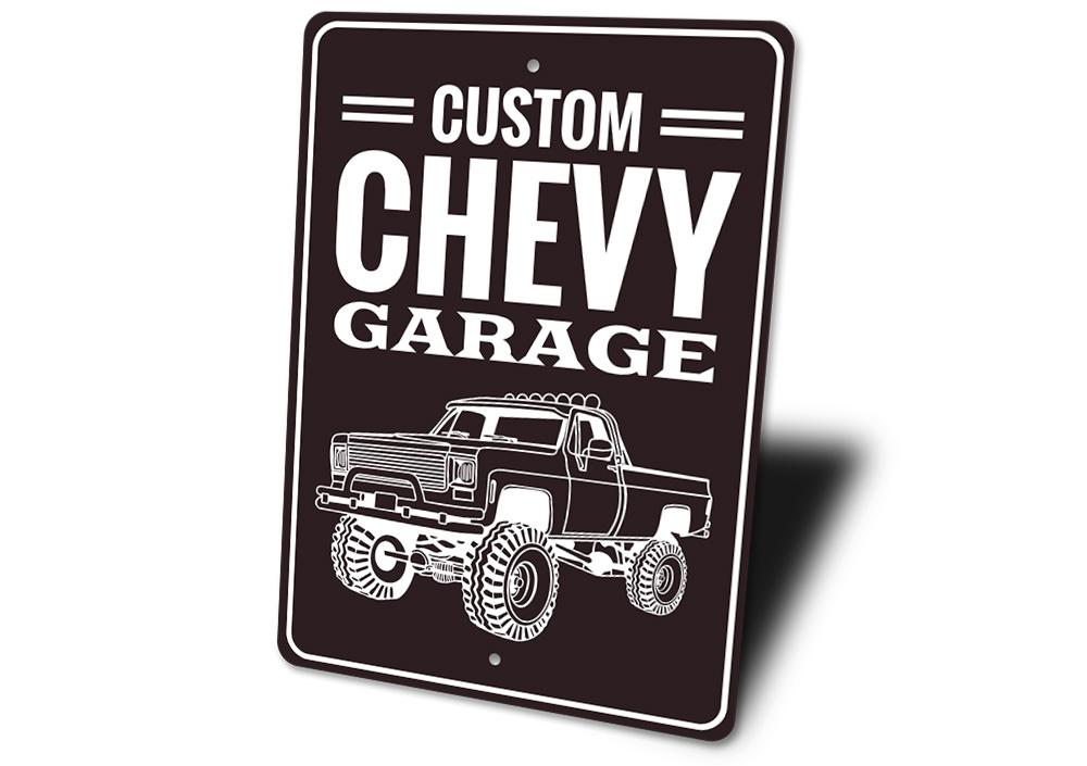 Custom Chevy Garage Sign made of durable aluminum, featuring personalized text options, ideal for car enthusiasts and garage decor.