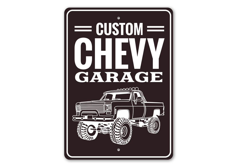 Custom Chevy Garage Sign made of durable aluminum, featuring personalized text options, ideal for car enthusiasts and garage decor.