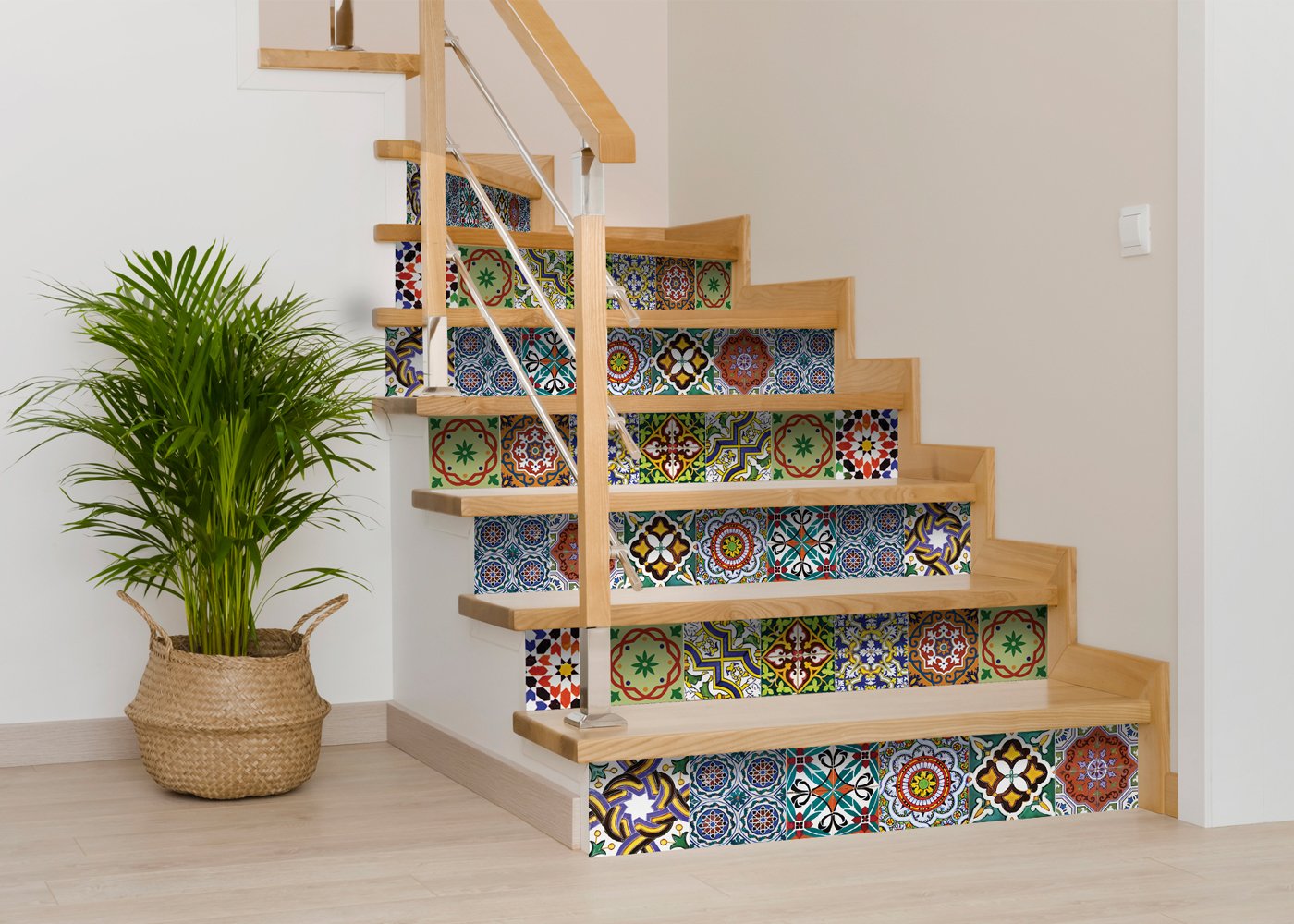 A colorful set of 24 CUSTOM Decorative Tile stickers, showcasing various unique designs suitable for home decor.