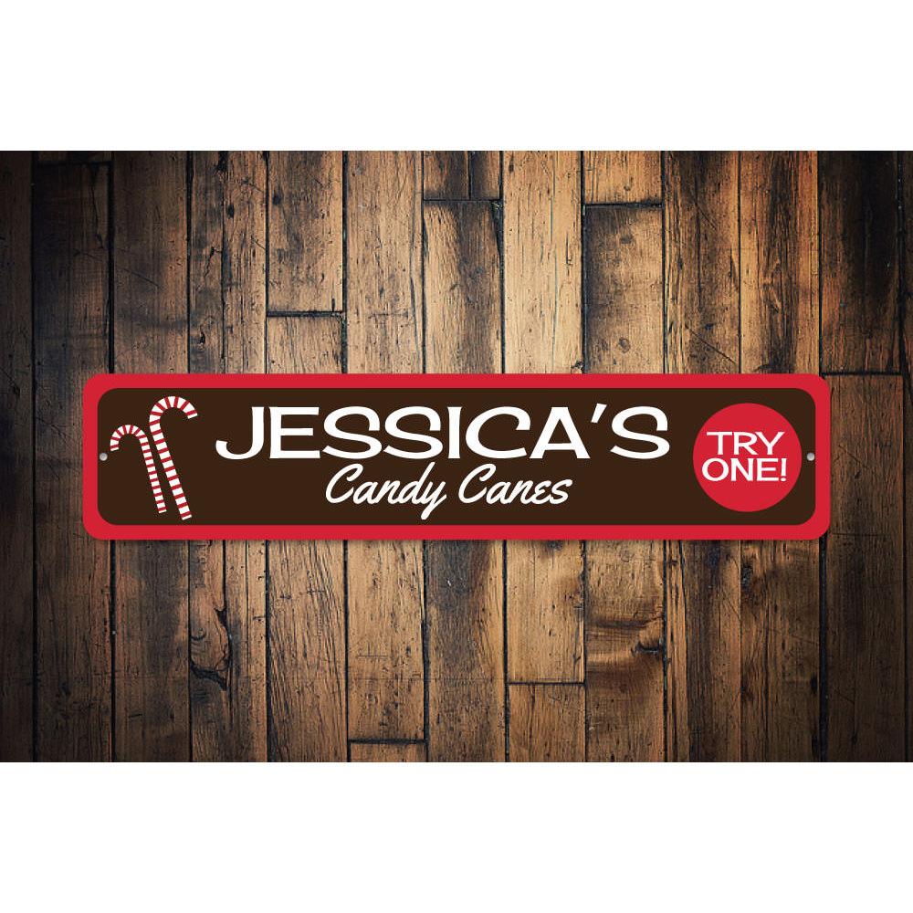 Custom Name Candy Cane Sign featuring vibrant colors and personalized text for holiday decor.