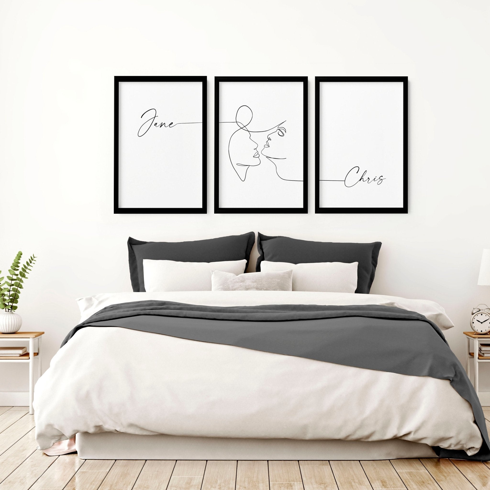 Custom Valentine's gift set featuring three personalized wall art prints in Black and White, elegantly framed for bedroom decor.