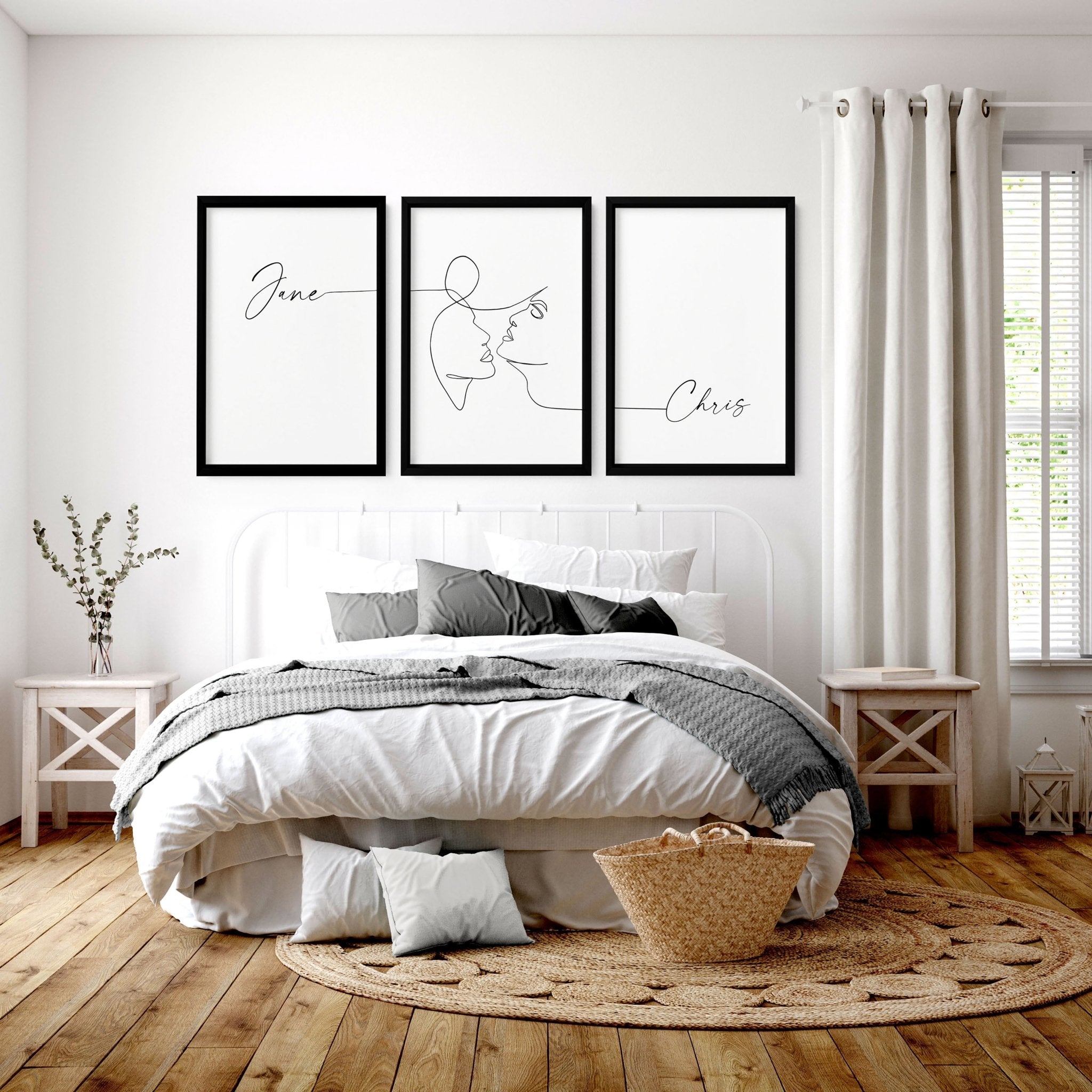 Custom Valentine's gift set featuring three personalized wall art prints in Black and White, elegantly framed for bedroom decor.