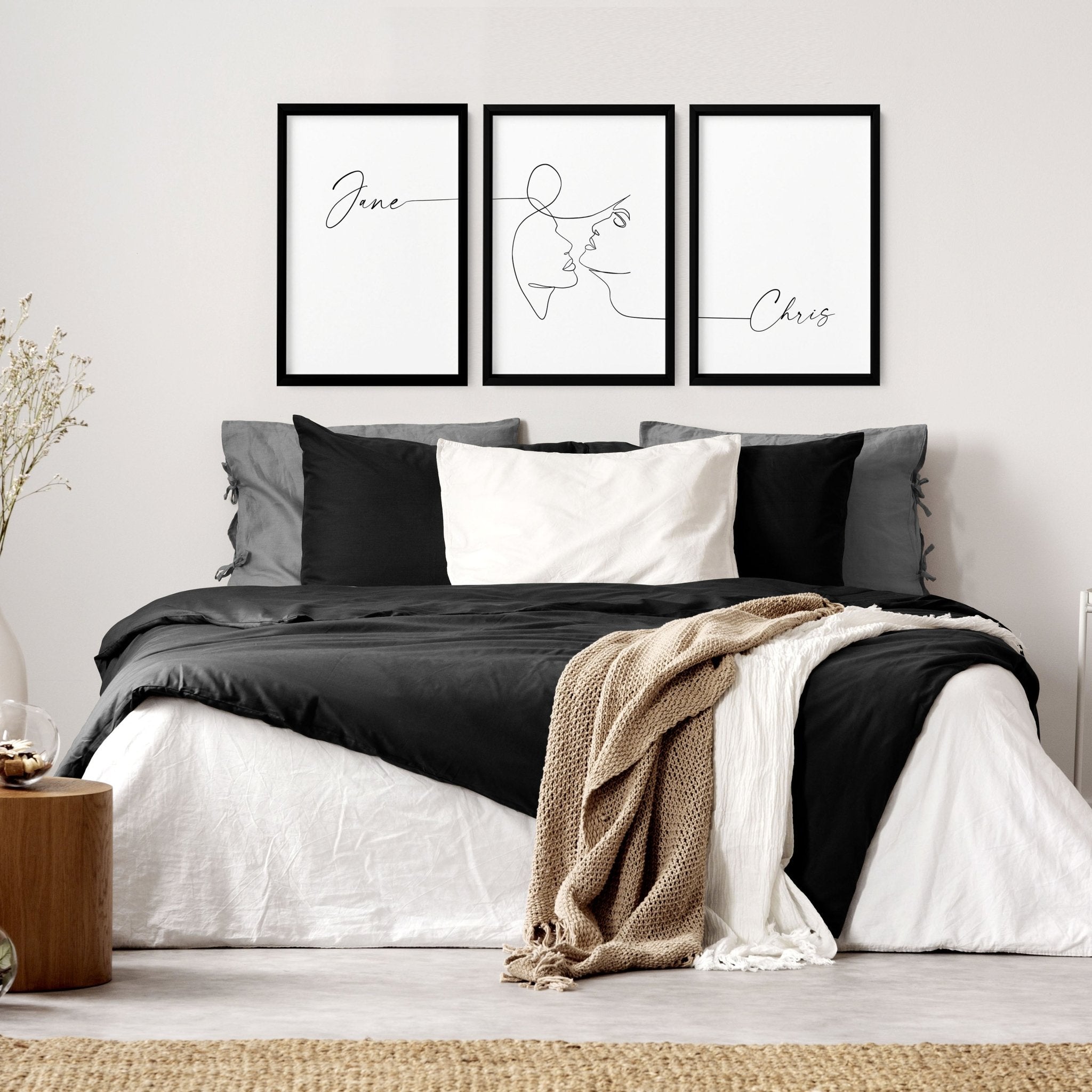 Custom Valentine's gift set featuring three personalized wall art prints in Black and White, elegantly framed for bedroom decor.