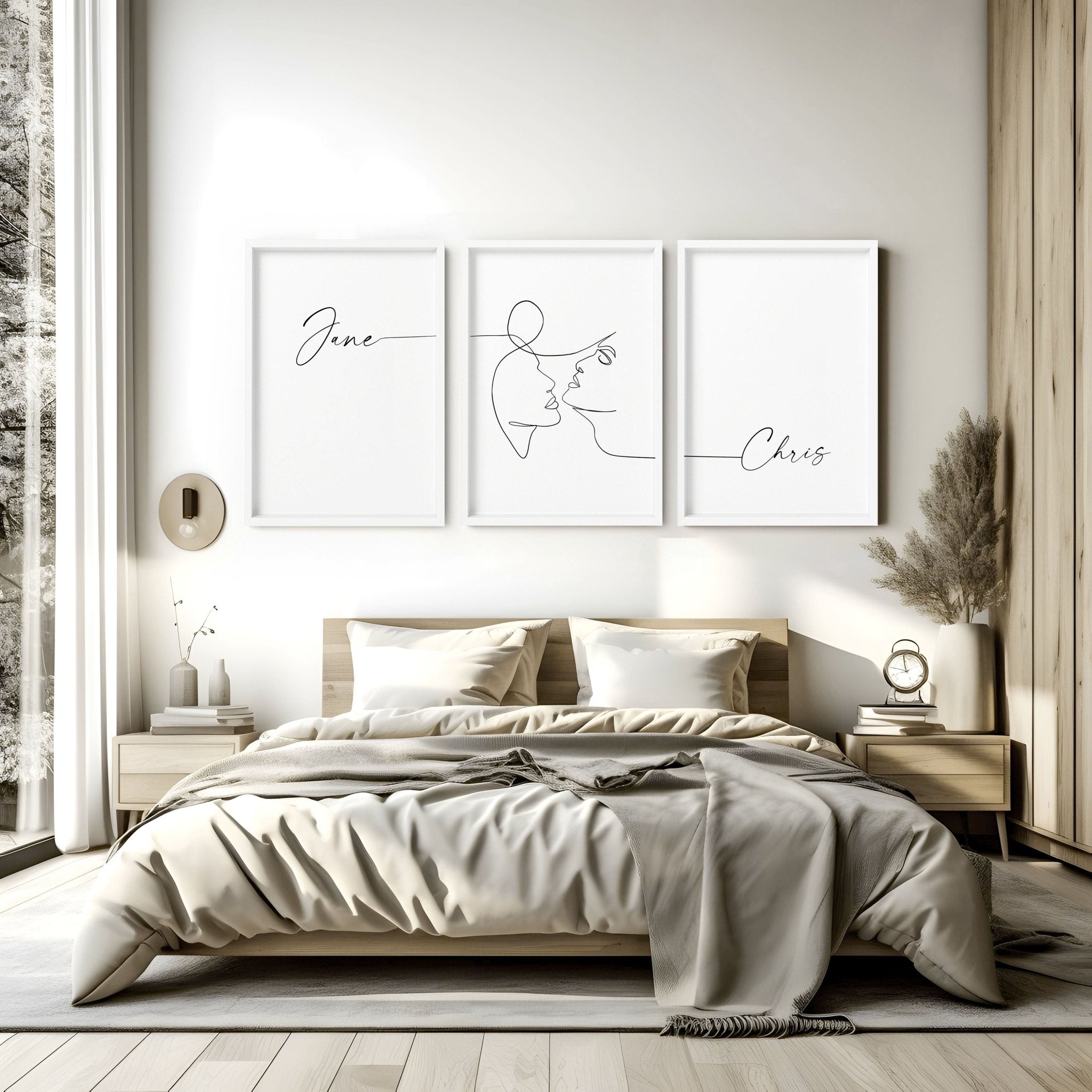 Custom Valentine's gift set featuring three personalized wall art prints in Black and White, elegantly framed for bedroom decor.