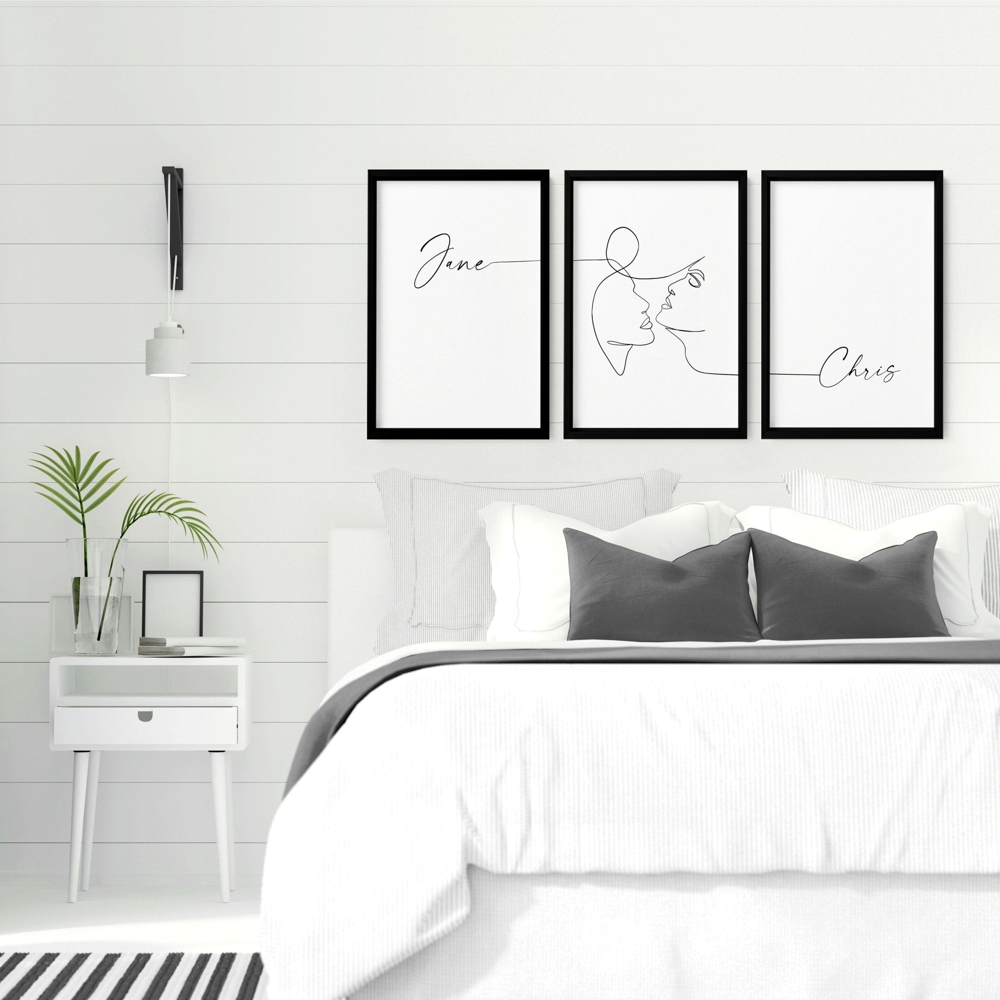 Custom Valentine's gift set featuring three personalized wall art prints in Black and White, elegantly framed for bedroom decor.