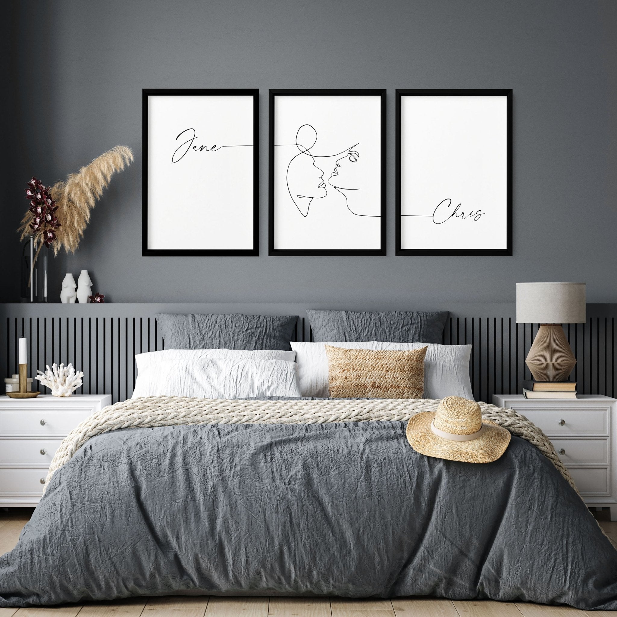 Custom Valentine's gift set featuring three personalized wall art prints in Black and White, elegantly framed for bedroom decor.