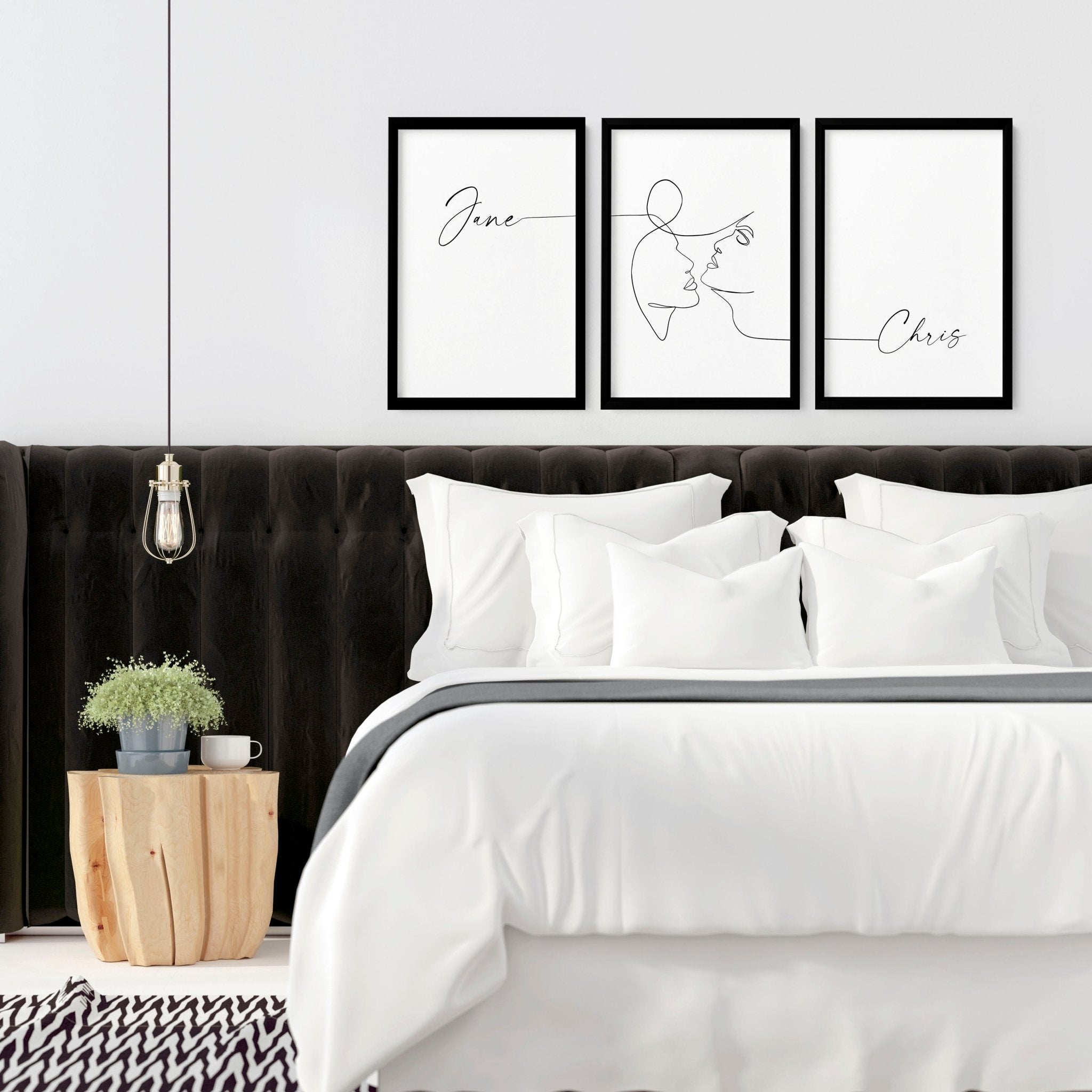 Custom Valentine's gift set featuring three personalized wall art prints in Black and White, elegantly framed for bedroom decor.