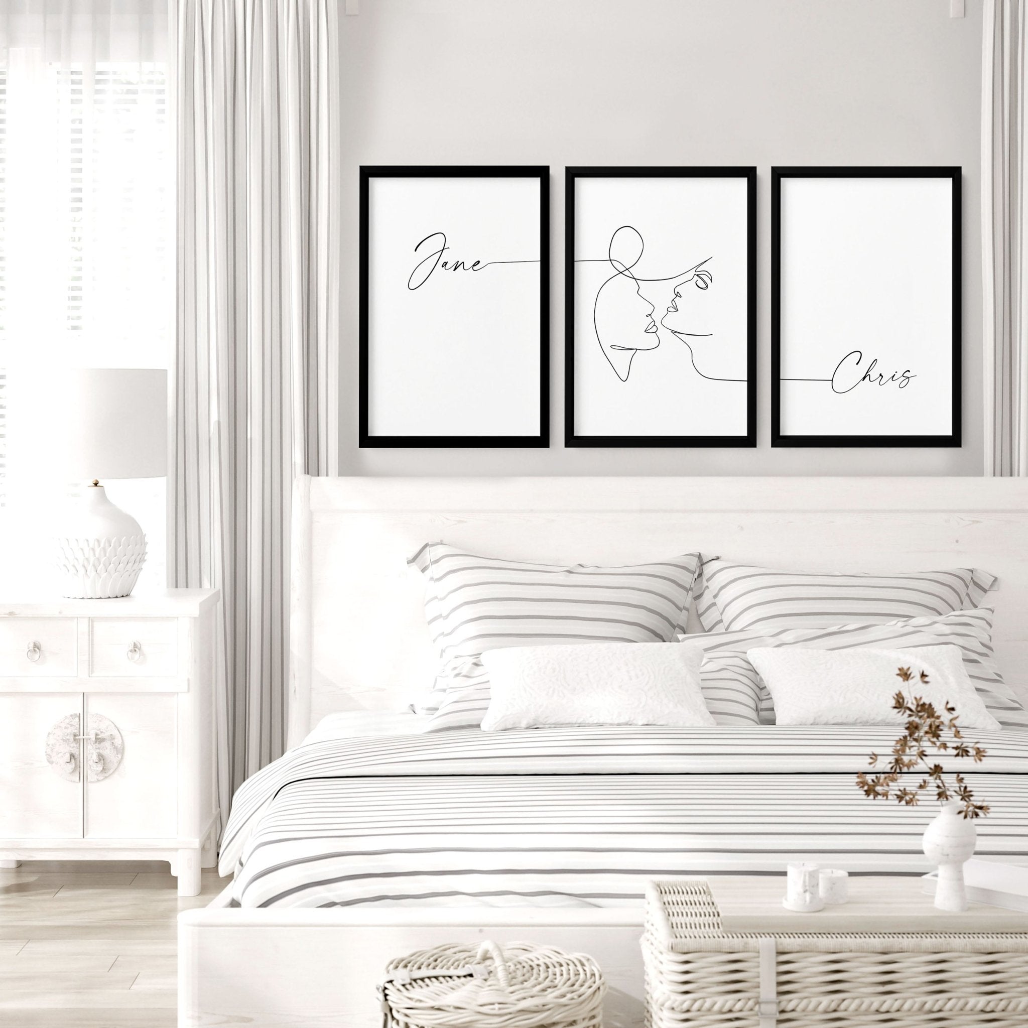 Custom Valentine's gift set featuring three personalized wall art prints in Black and White, elegantly framed for bedroom decor.