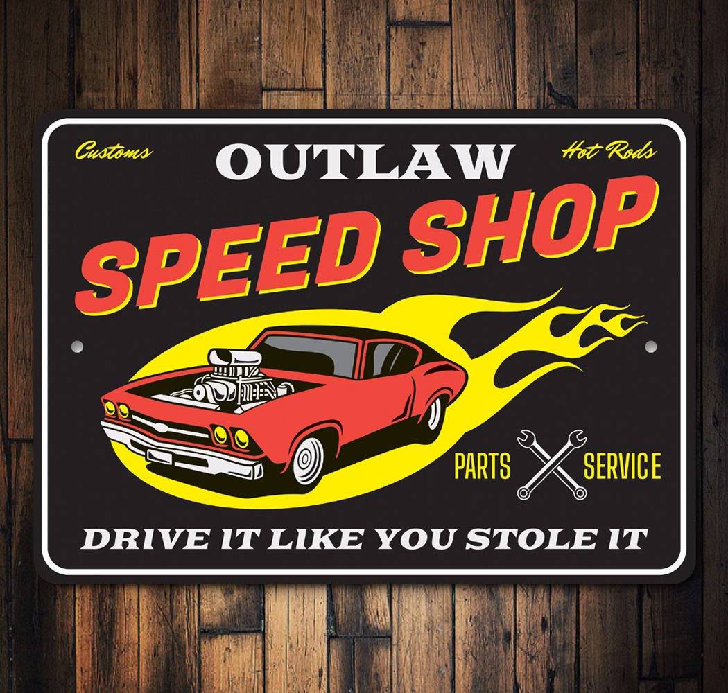 Customs Hot Rods Speed Shop Parts and Service Sign made from high-quality aluminum, featuring vibrant graphics and customizable text.