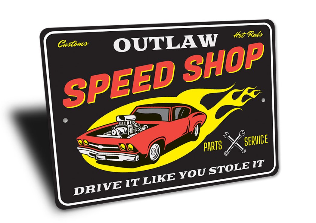 Customs Hot Rods Speed Shop Parts and Service Sign made from high-quality aluminum, featuring vibrant graphics and customizable text.