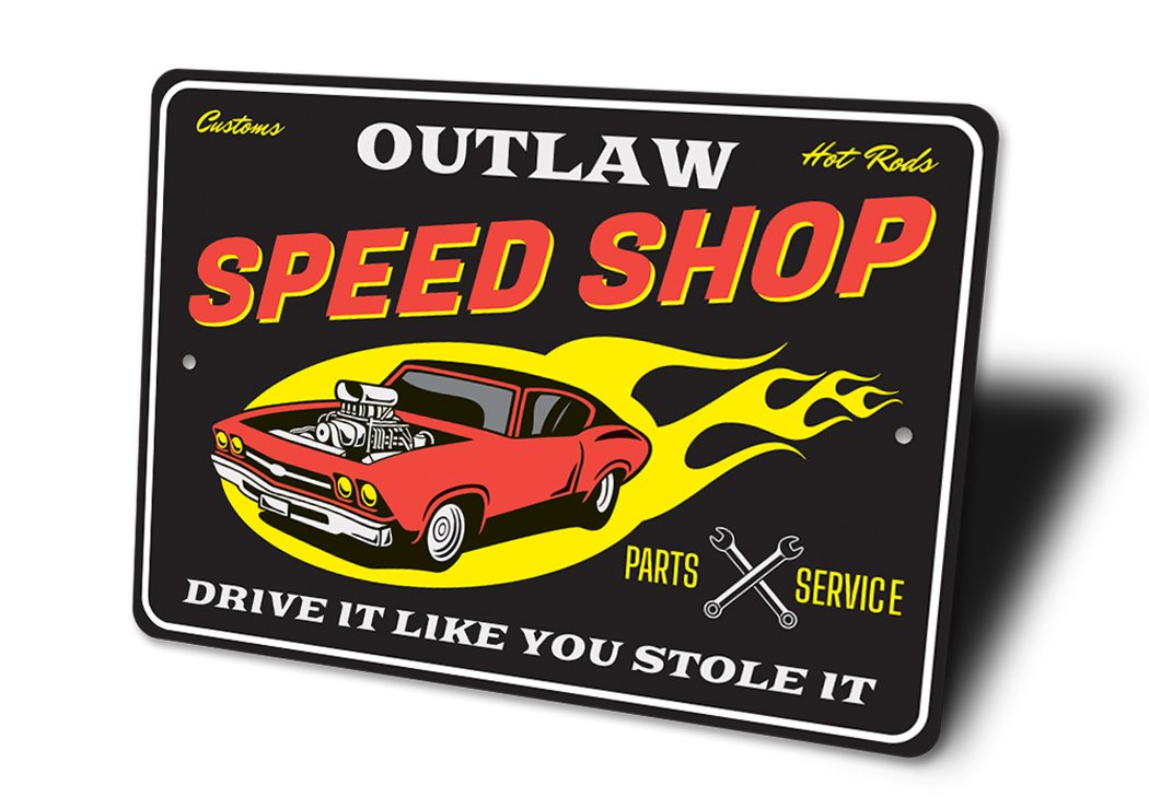 Customs Hot Rods Speed Shop Parts and Service Sign made from high-quality aluminum, featuring vibrant graphics and customizable text.