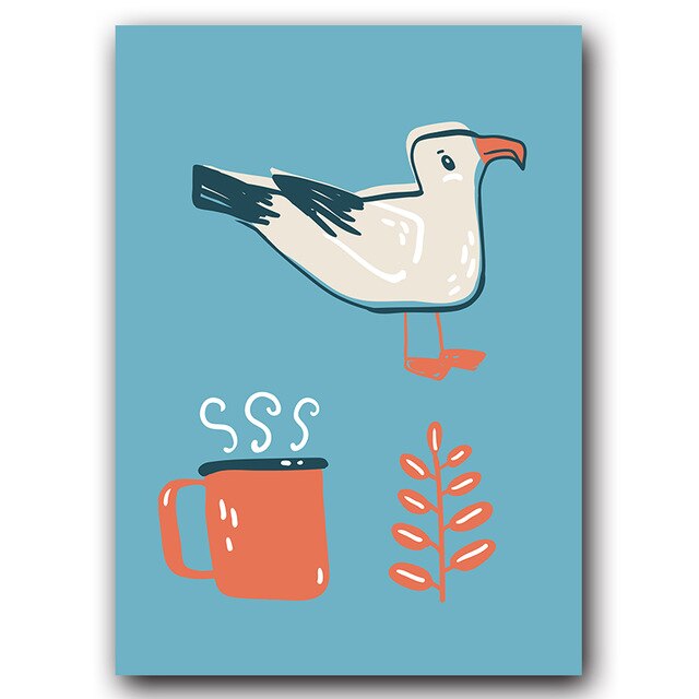 Illustration of bird, mug, plant.