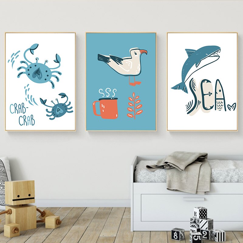 Sea-themed wall art in bedroom.