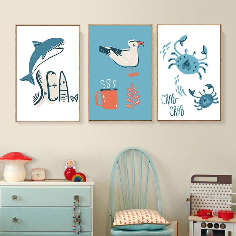 Sea-themed illustrations on wall.