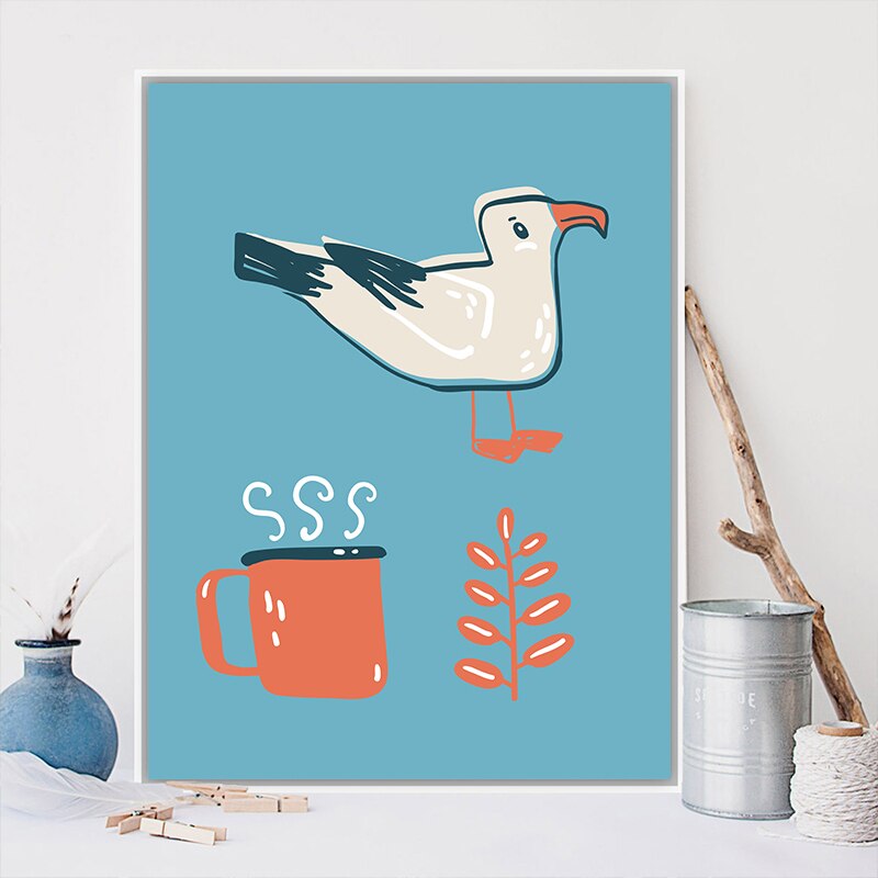 Illustrated seagull, coffee, leaf framed.