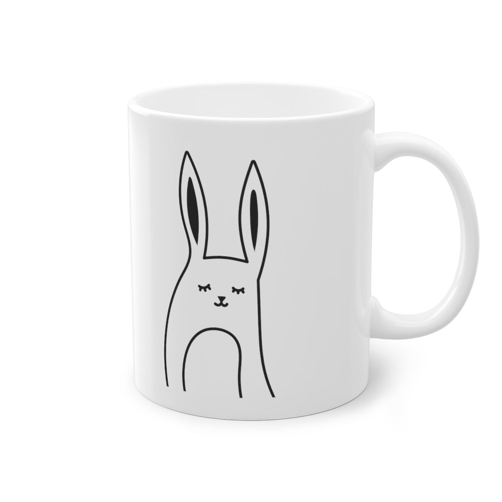 Cute Bunny Mug featuring a funny rabbit print on a glossy white ceramic base, perfect for coffee or tea.