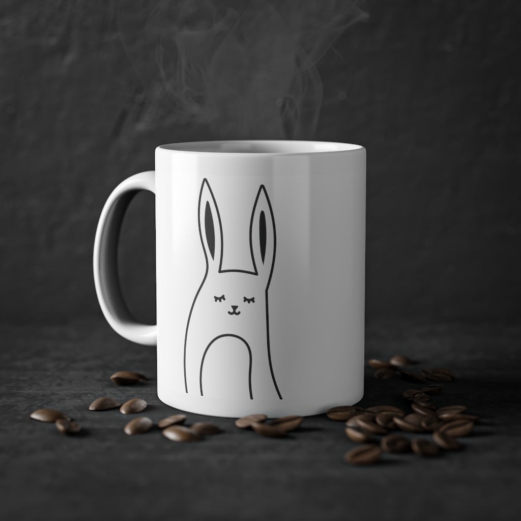 Cute Bunny Mug featuring a funny rabbit print on a glossy white ceramic base, perfect for coffee or tea.