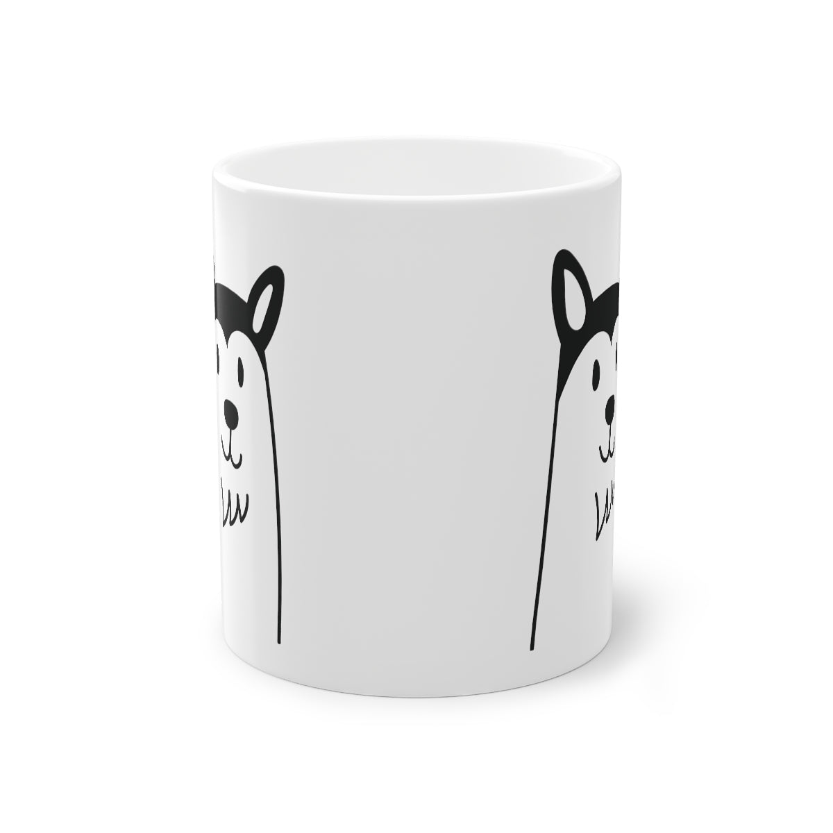 Cute Husky mug with glossy finish, white ceramic, 325 ml capacity, featuring a charming dog print and C-shaped handle.