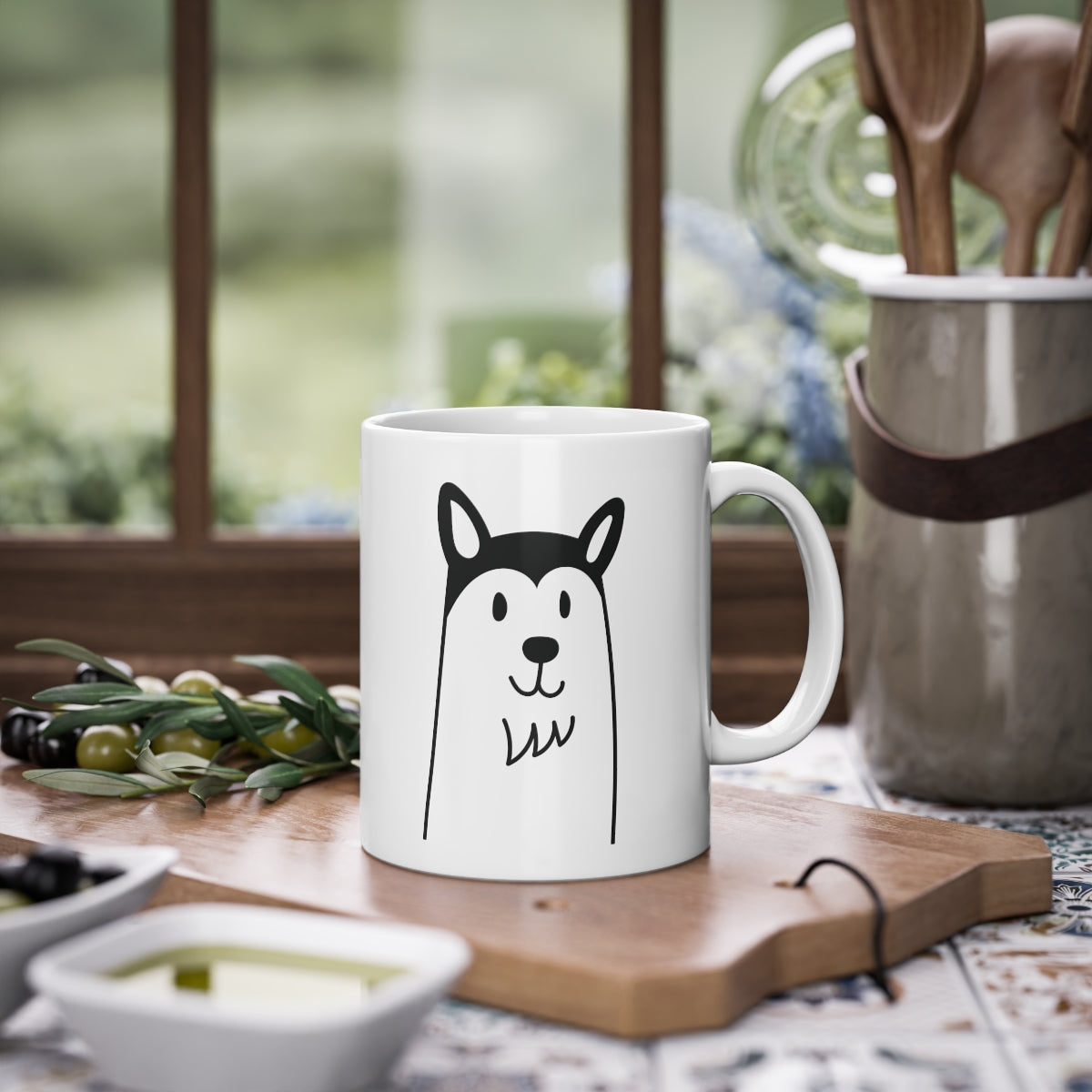 Cute Husky mug with glossy finish, white ceramic, 325 ml capacity, featuring a charming dog print and C-shaped handle.