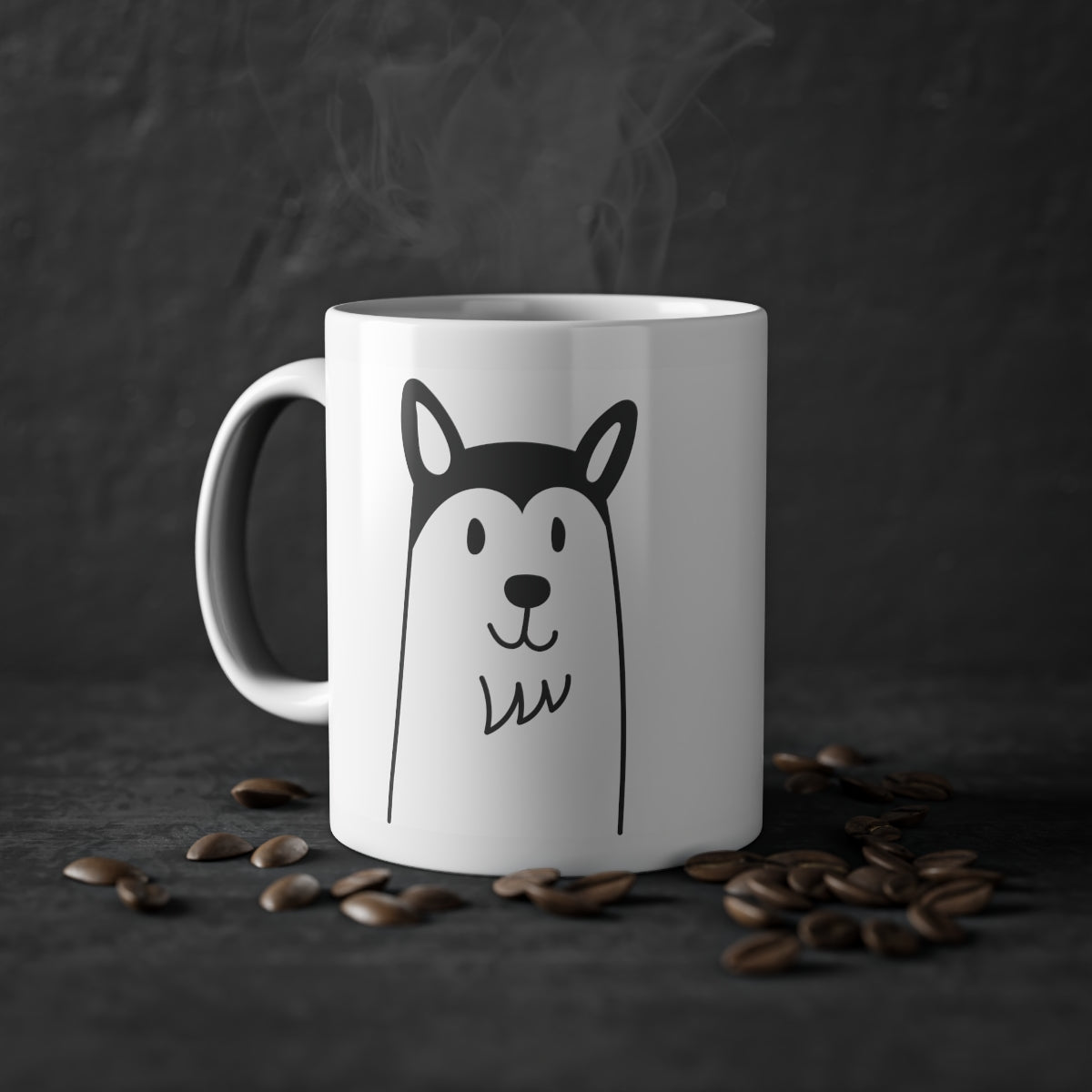 Cute Husky mug with glossy finish, white ceramic, 325 ml capacity, featuring a charming dog print and C-shaped handle.