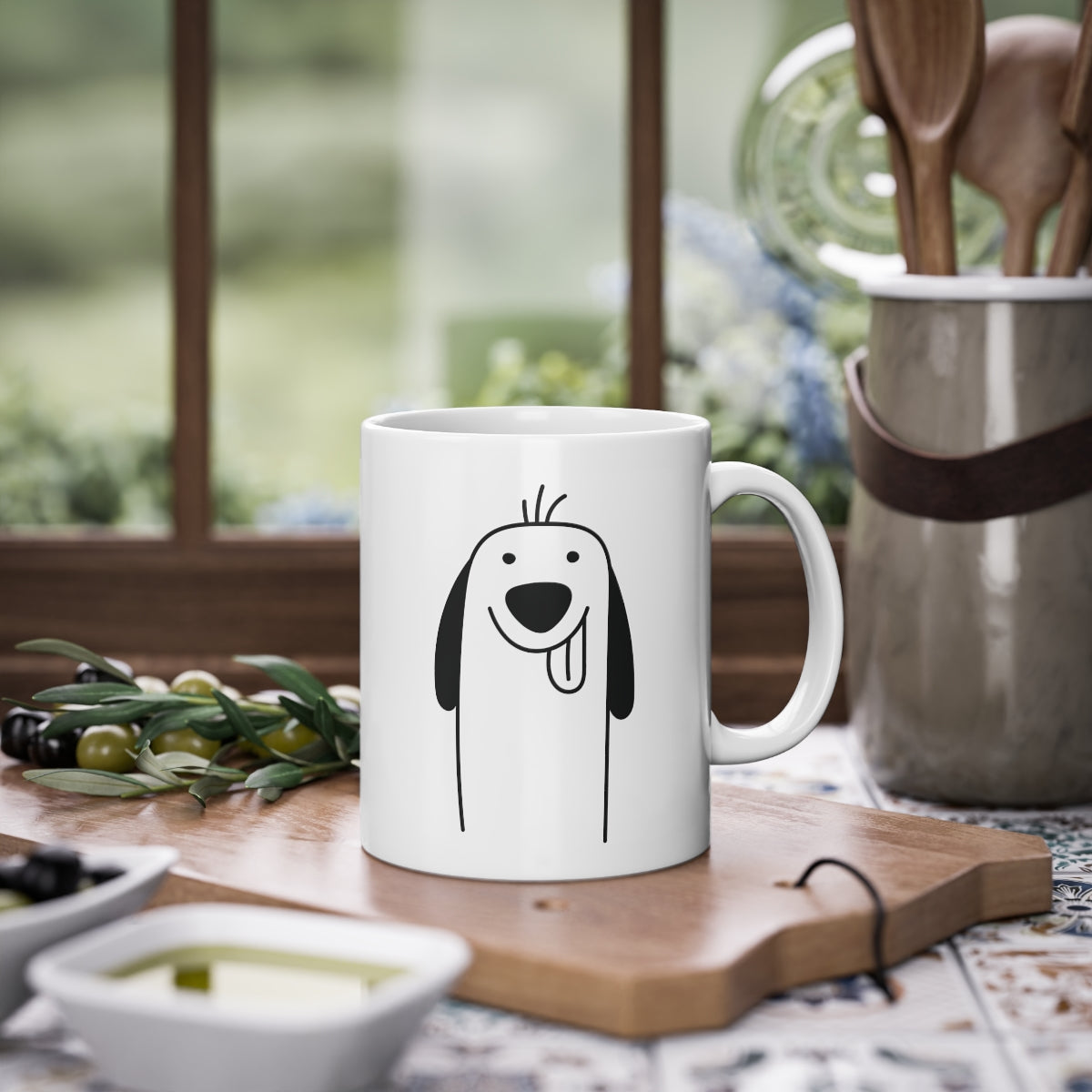 Cute dog Spaniel mug with glossy finish, white ceramic, 325 ml capacity, featuring a charming dog print and C-shaped handle.