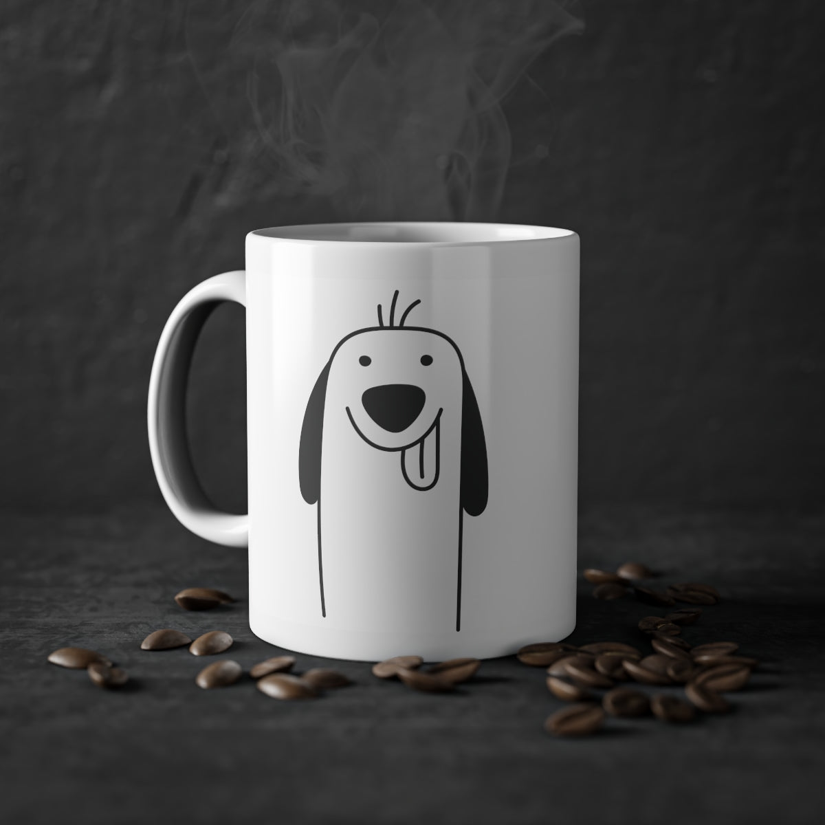 Cute dog Spaniel mug with glossy finish, white ceramic, 325 ml capacity, featuring a charming dog print and C-shaped handle.