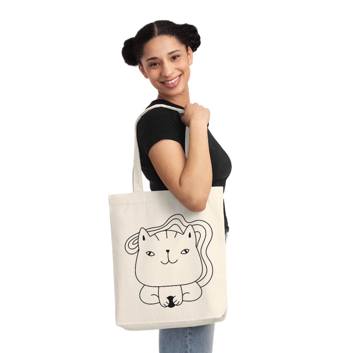 Cute Kitten Woven Tote Bag made from recycled materials, featuring a charming kitten design and durable long handles.