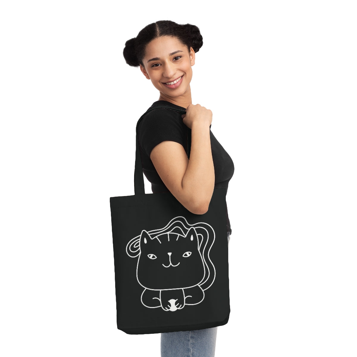 Cute Kitten Woven Tote Bag made from recycled materials, featuring a charming kitten design and durable long handles.