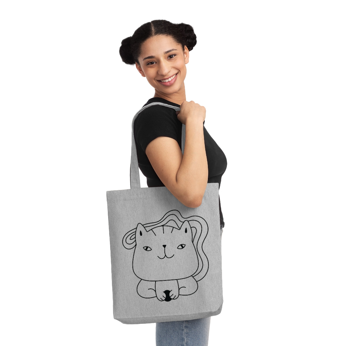 Cute Kitten Woven Tote Bag made from recycled materials, featuring a charming kitten design and durable long handles.