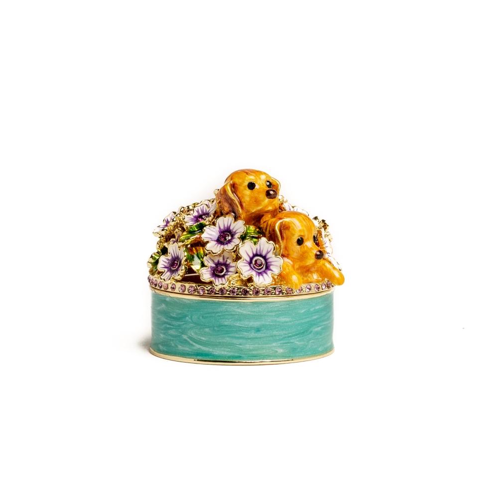 Cute Puppies and Flowers Trinket Box featuring enamel paint and Austrian crystals, elegantly designed with a magnetic closure.