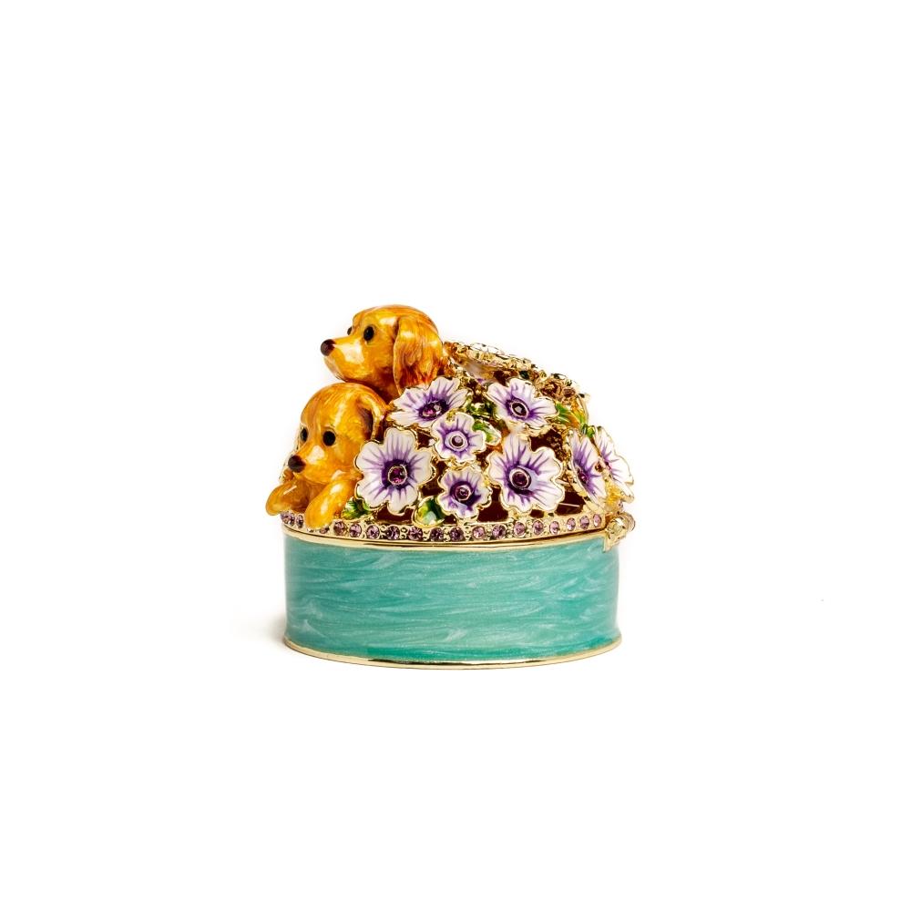 Cute Puppies and Flowers Trinket Box featuring enamel paint and Austrian crystals, elegantly designed with a magnetic closure.