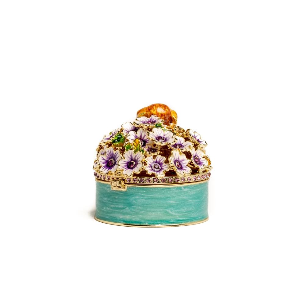 Cute Puppies and Flowers Trinket Box featuring enamel paint and Austrian crystals, elegantly designed with a magnetic closure.