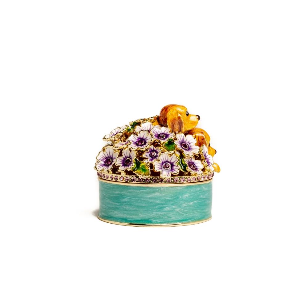 Cute Puppies and Flowers Trinket Box featuring enamel paint and Austrian crystals, elegantly designed with a magnetic closure.