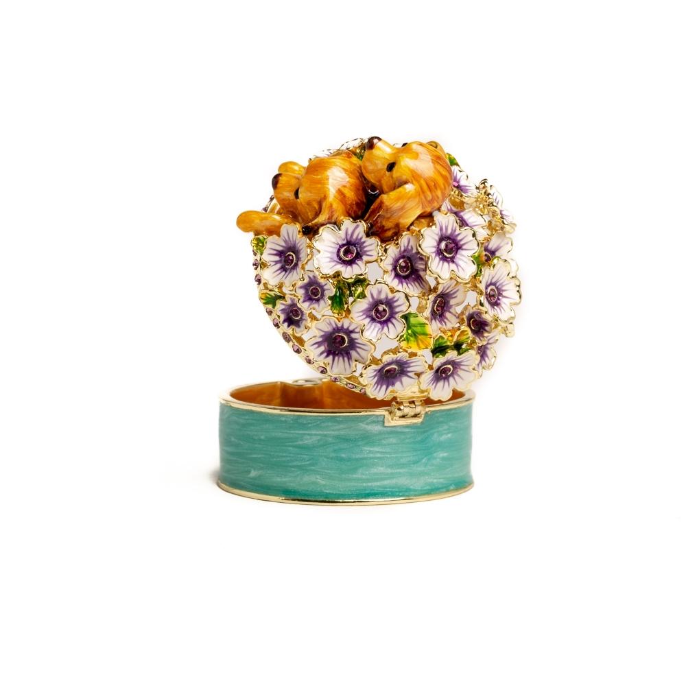 Cute Puppies and Flowers Trinket Box featuring enamel paint and Austrian crystals, elegantly designed with a magnetic closure.