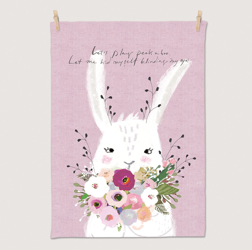 A cute rabbit fabric poster measuring 50cm x 70cm, featuring a modern design with vibrant colors, perfect for home decoration.