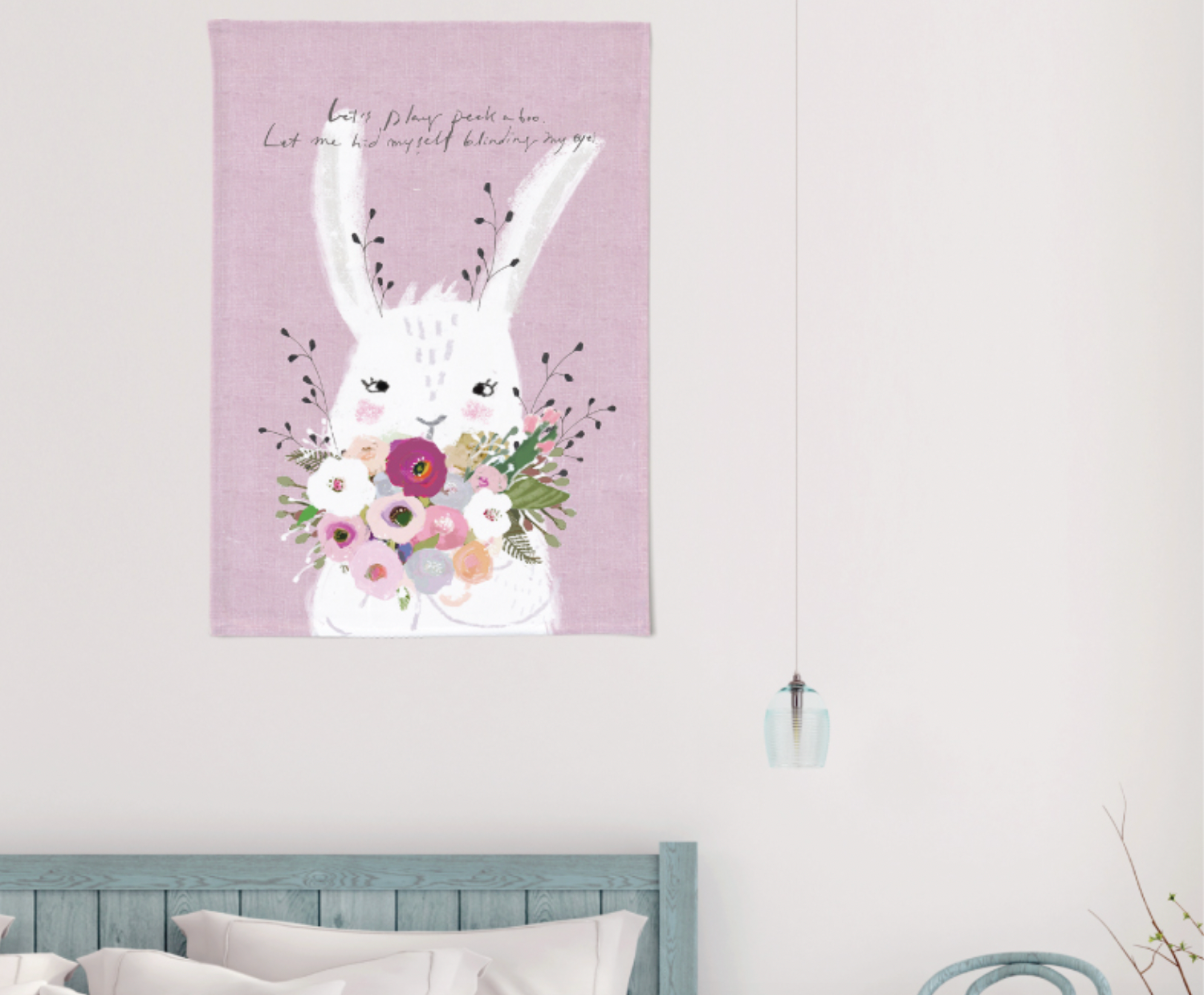 A cute rabbit fabric poster measuring 50cm x 70cm, featuring a modern design with vibrant colors, perfect for home decoration.