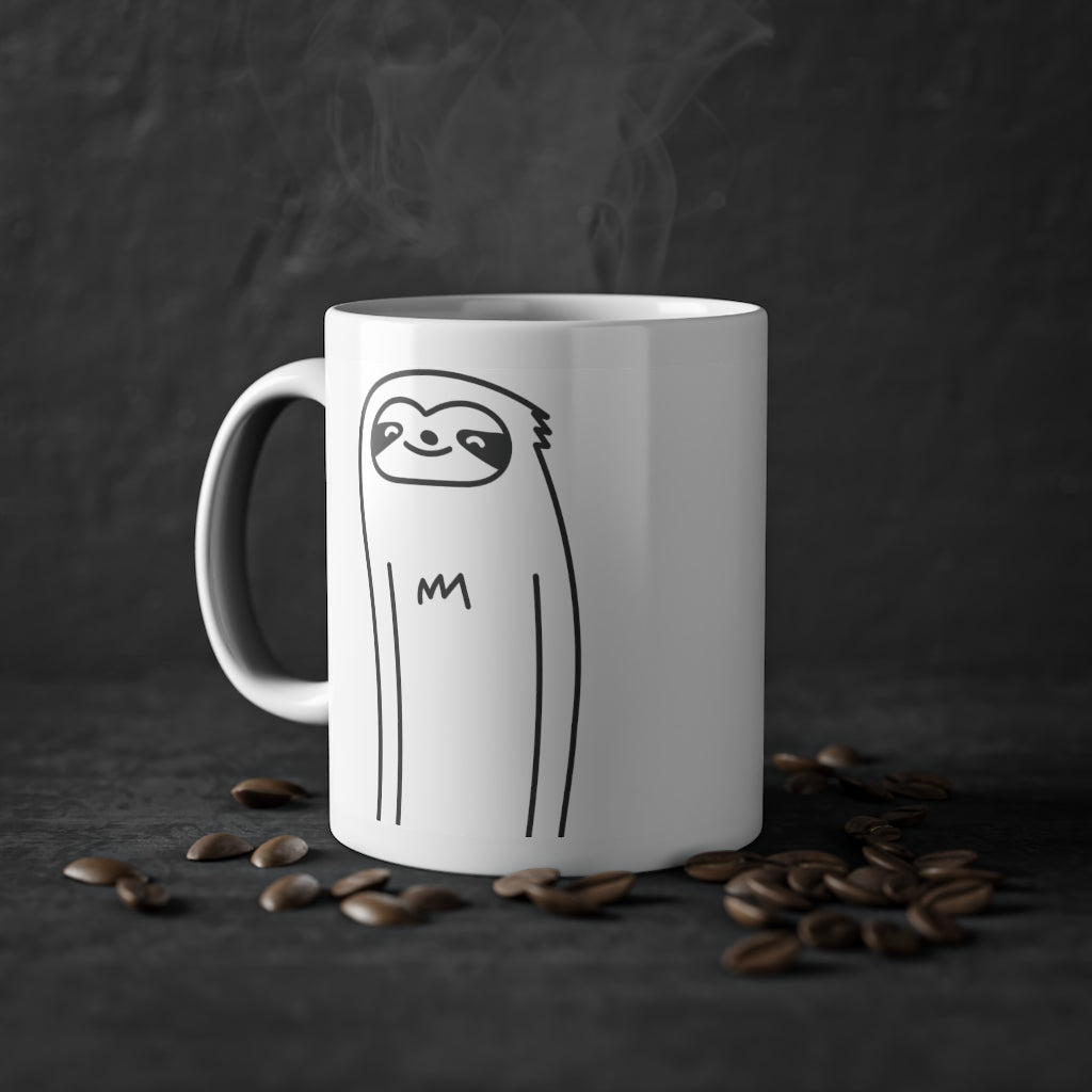 Cute sloth funny mug with glossy finish, 325 ml capacity, featuring a C-shaped handle for easy grip.