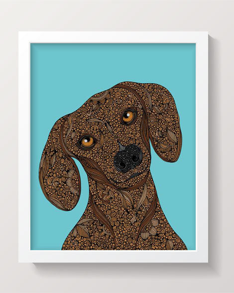 A vibrant 8x10 Dachshund art print on photographic paper, showcasing the playful nature of the breed.