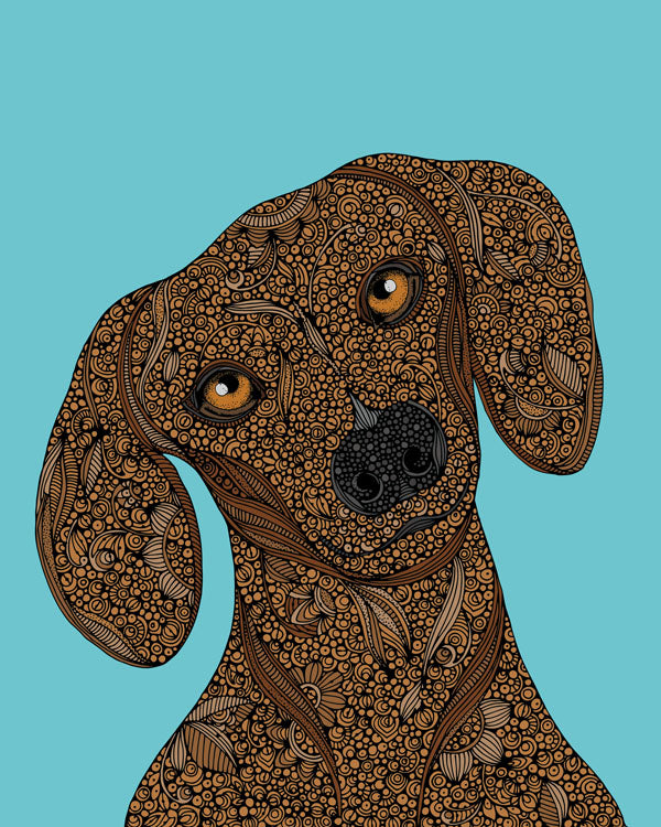 A vibrant 8x10 Dachshund art print on photographic paper, showcasing the playful nature of the breed.