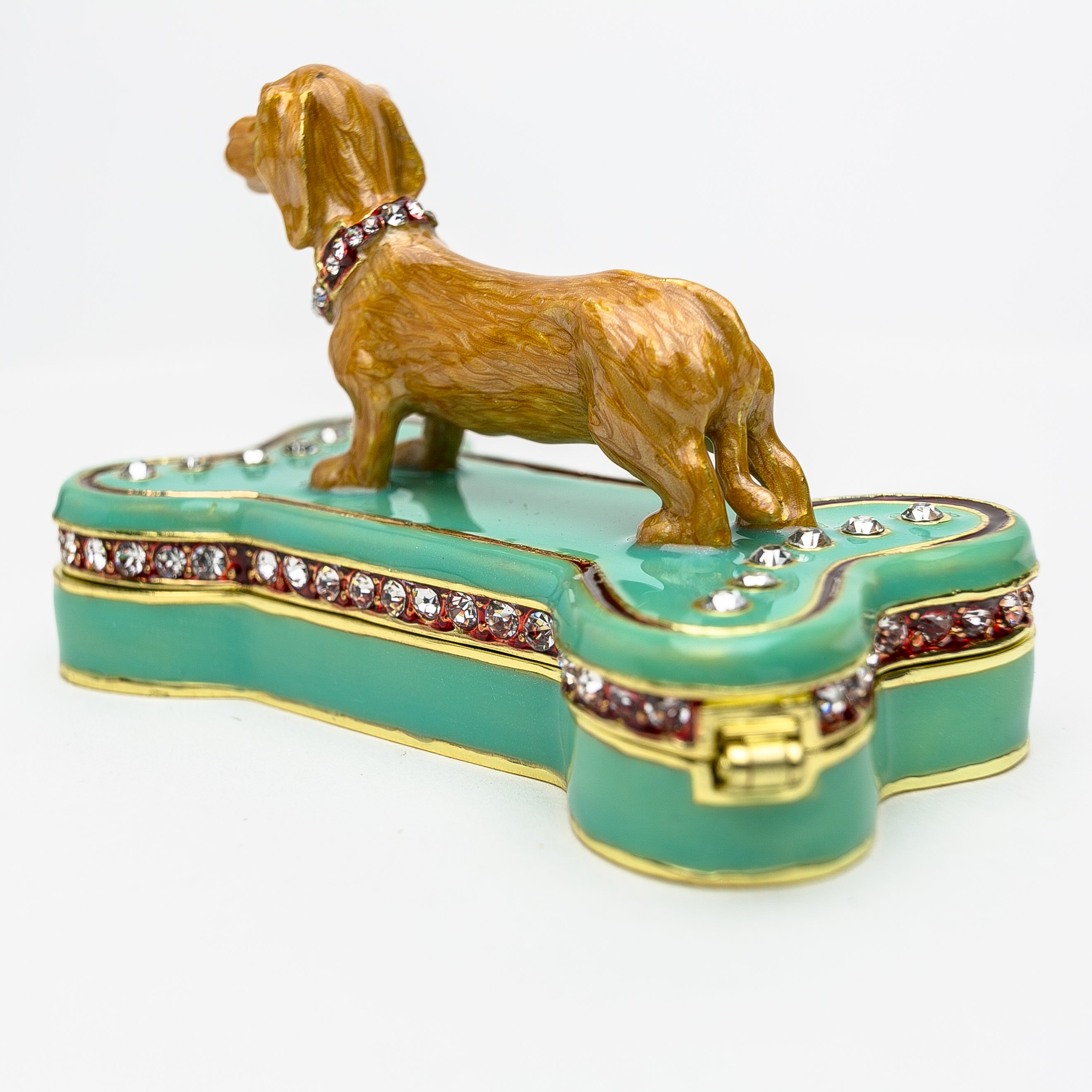 Handmade trinket box featuring a Dachshund dog sitting on a bone, adorned with Austrian crystals and 925 silver plating.