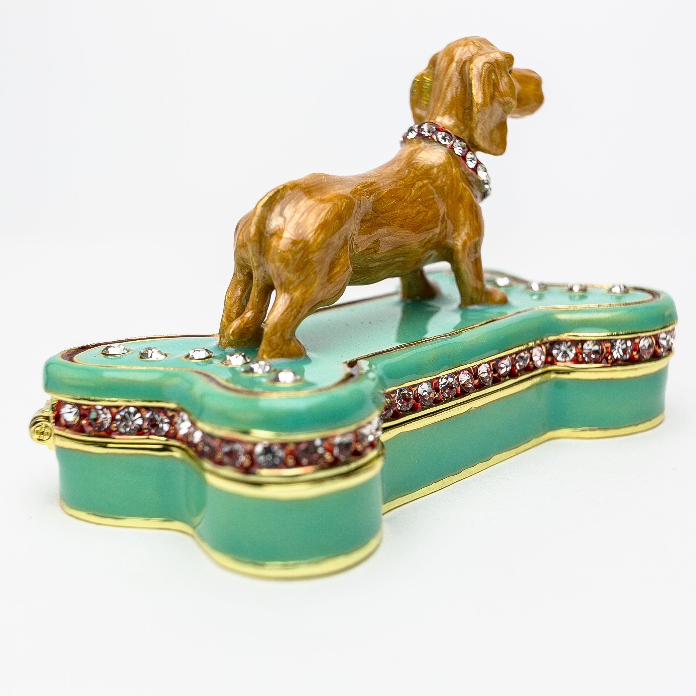 Handmade trinket box featuring a Dachshund dog sitting on a bone, adorned with Austrian crystals and 925 silver plating.