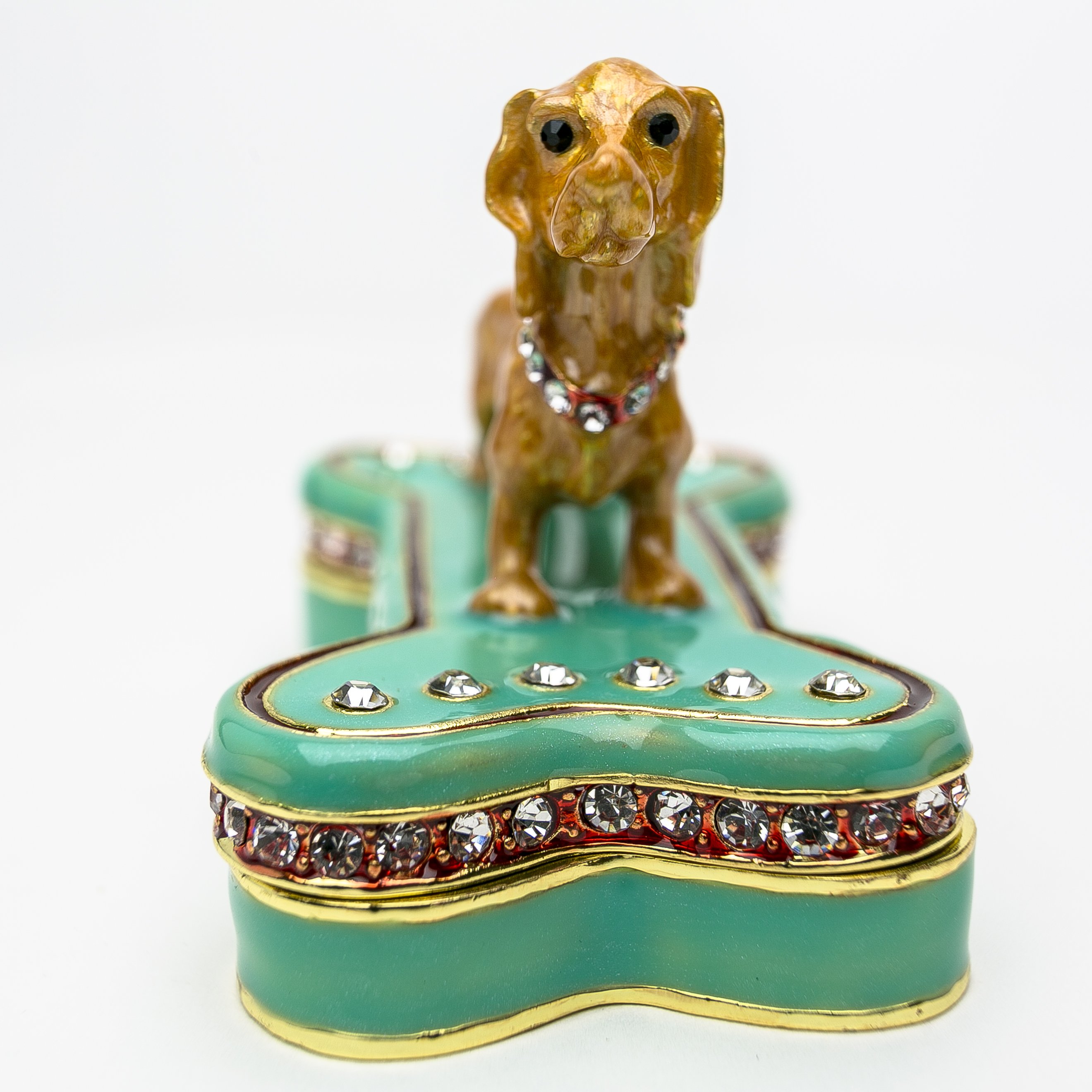 Handmade trinket box featuring a Dachshund dog sitting on a bone, adorned with Austrian crystals and 925 silver plating.