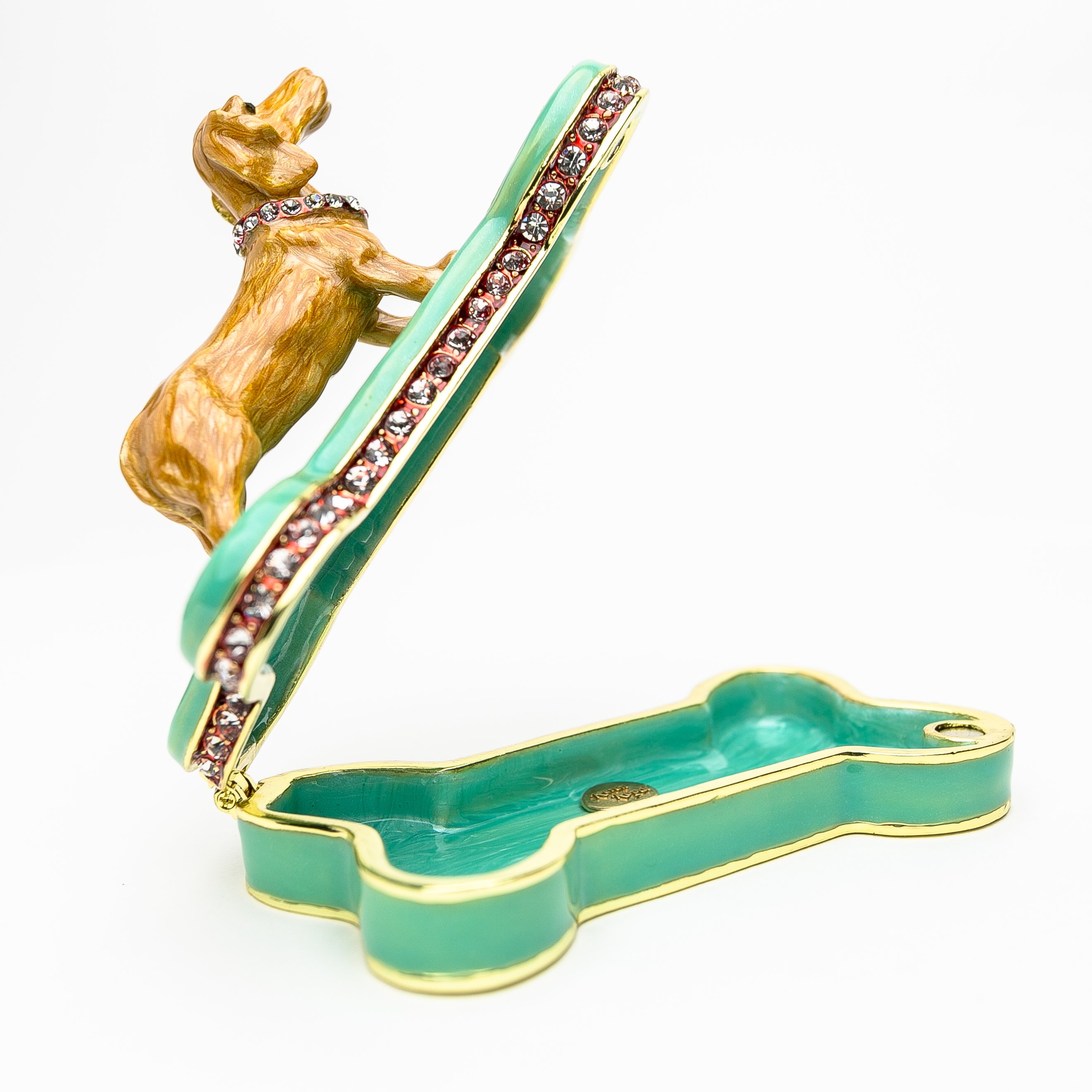 Handmade trinket box featuring a Dachshund dog sitting on a bone, adorned with Austrian crystals and 925 silver plating.