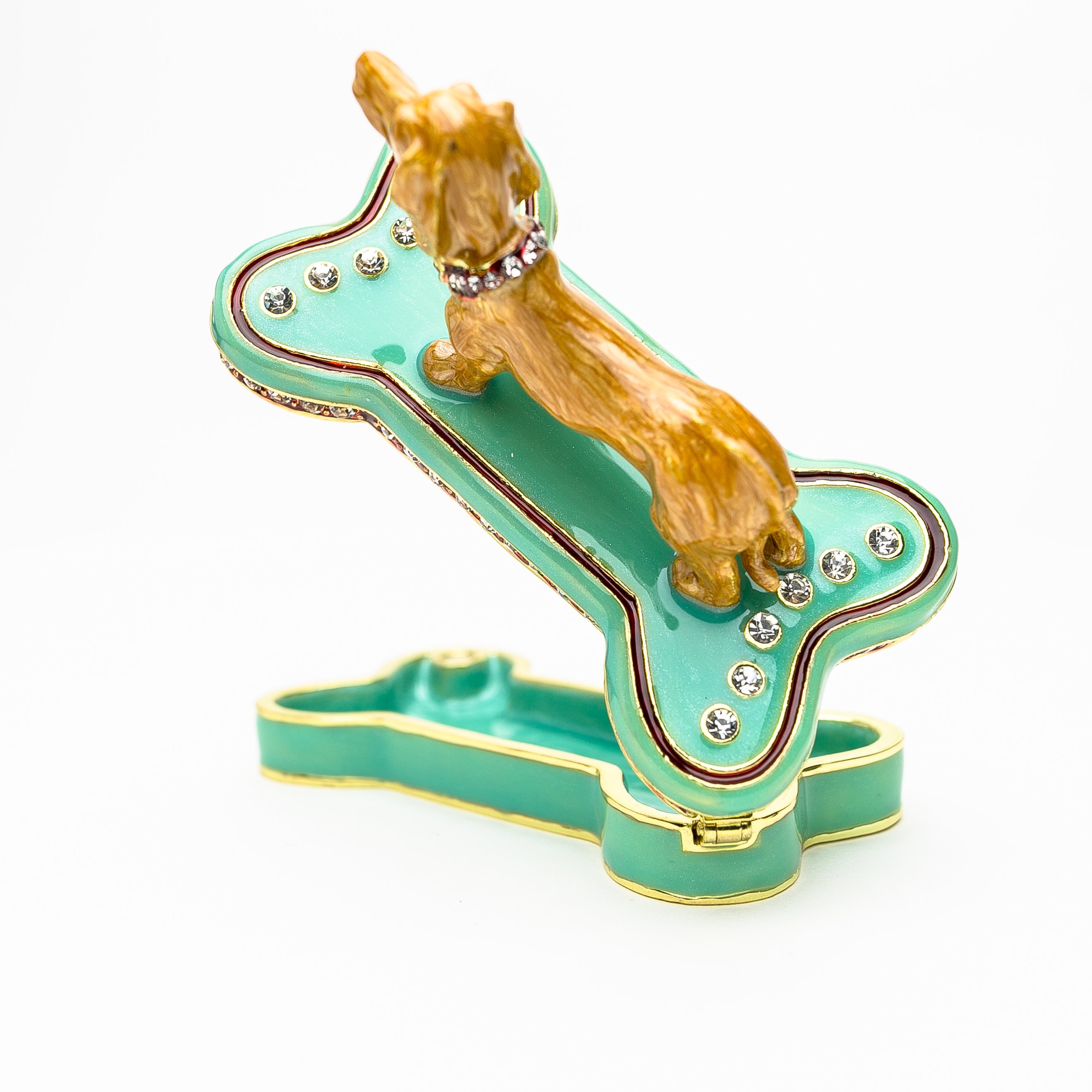 Handmade trinket box featuring a Dachshund dog sitting on a bone, adorned with Austrian crystals and 925 silver plating.