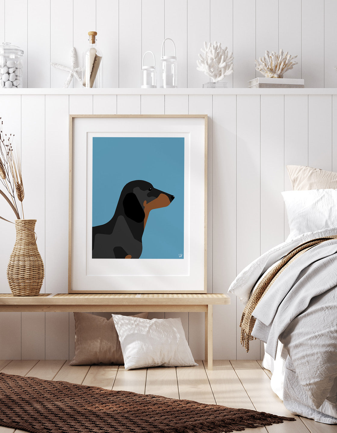 Charming Dachshund artwork featuring a playful Sausage dog design, perfect for home decor.